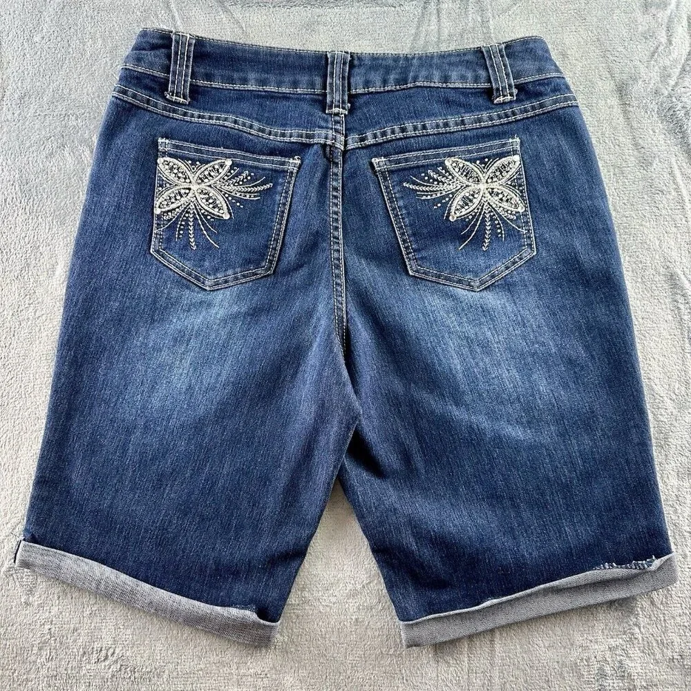Christopher & Banks Rhinestone Jean Shorts Sz 6 Blue Pockets‎ Flowers Cuffed EUC